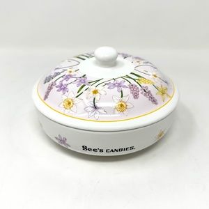 See's Candy Spring Candy/Trinket Dish Purple, Yellow, White Flowers on Lid